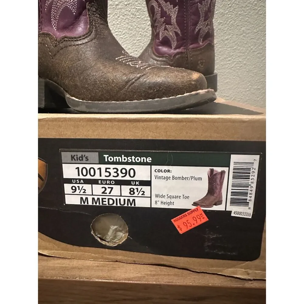 Ariat Kid's Tombstone Vintage Bomber Plum Girl Boots Size 9 1/2